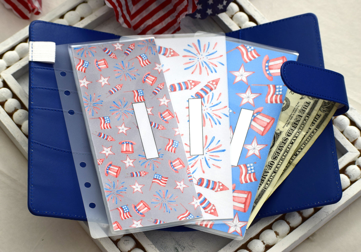 A6 Laminated Cash Envelopes, Cash Binder Envelope, Red, White And Blue Theme