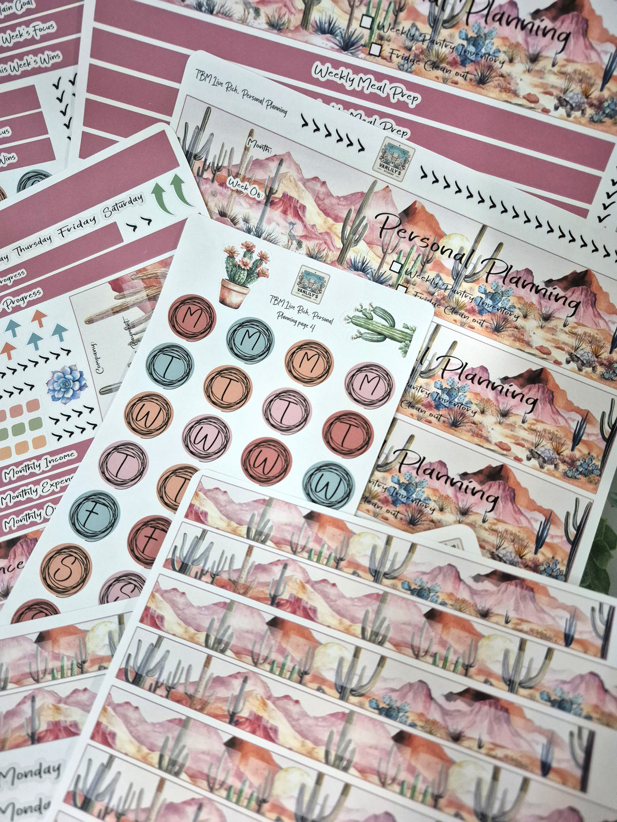 Beauty of the Desert sticker kit laid out for Live Rich Planner pages, June 2026 box