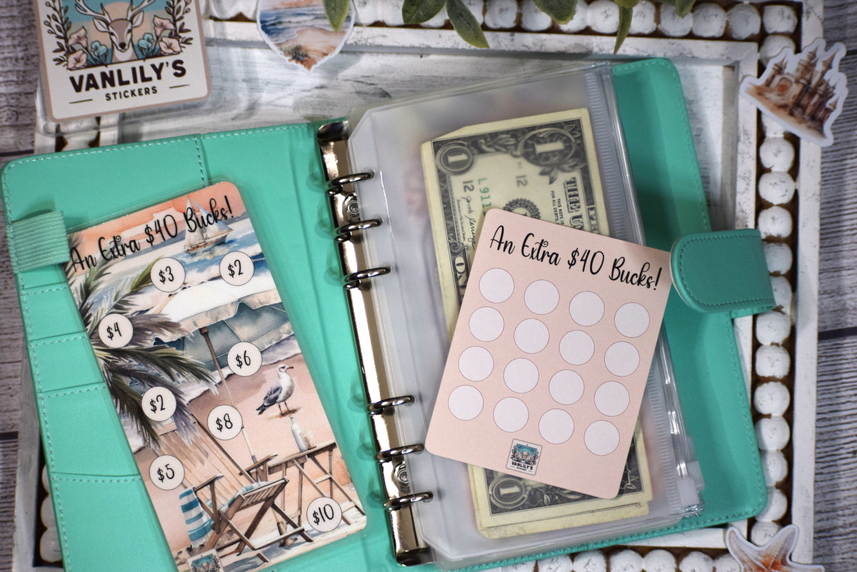 Extra 40 Bucks Savings Challenge with Sticker Sheet | A6 Laminated Budget Binder Insert | Beach Savings Tracker