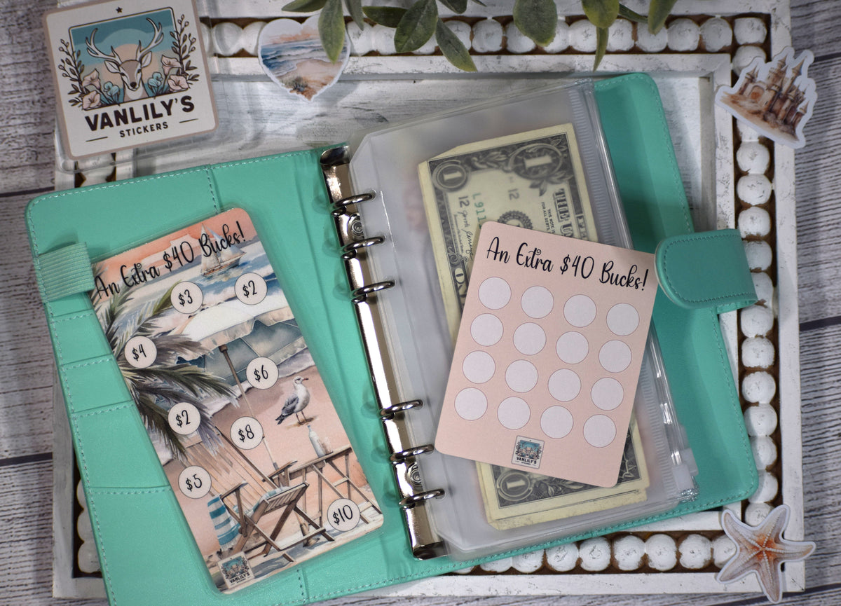 Extra 40 Bucks Savings Challenge with Sticker Sheet | A6 Laminated Budget Binder Insert | Beach Savings Tracker