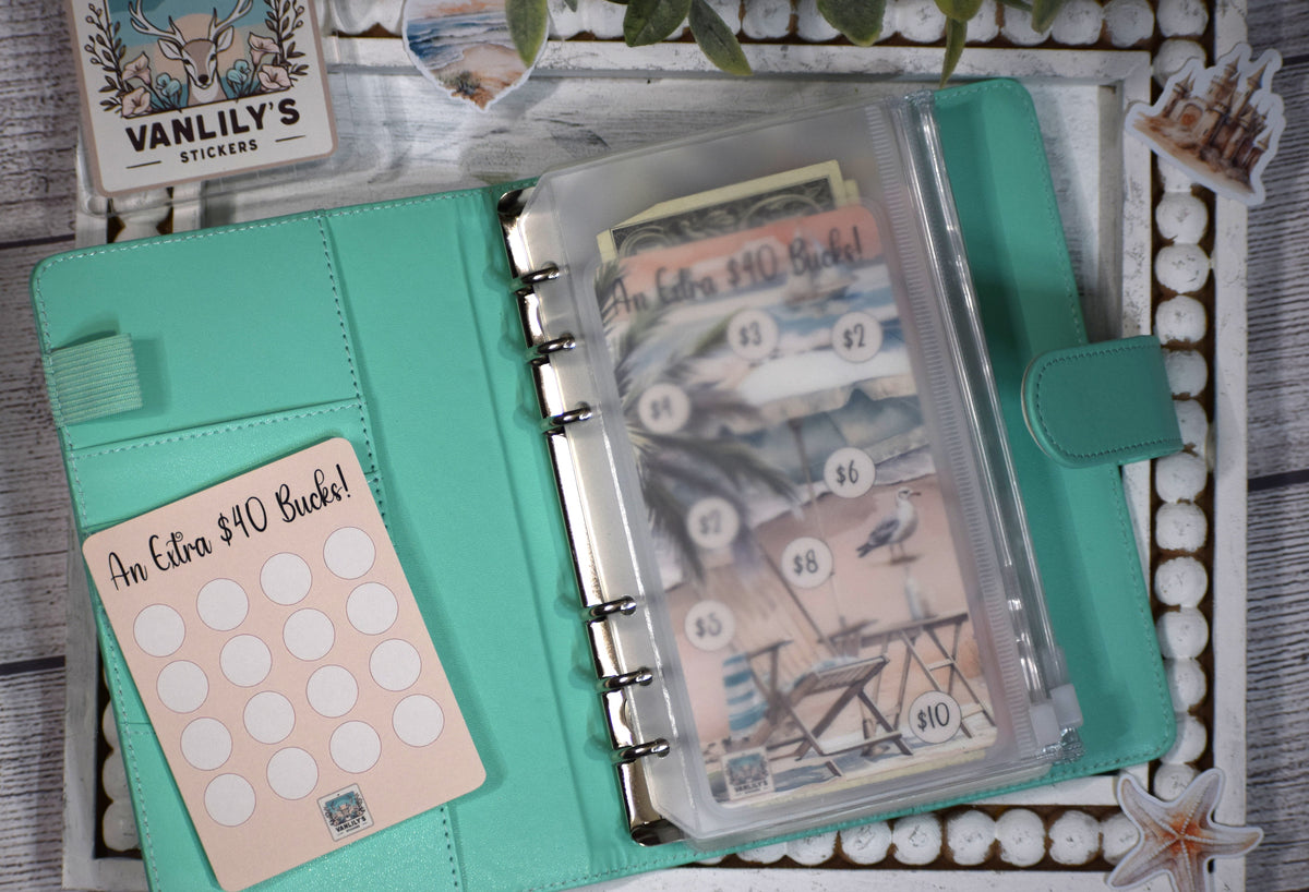Extra 40 Bucks Savings Challenge with Sticker Sheet | A6 Laminated Budget Binder Insert | Beach Savings Tracker