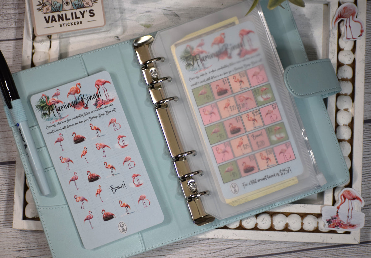Flamingo Bingo Savings Challenge with Sticker Sheet | A6 Laminated Budget Binder Insert | Tropical Savings Tracker