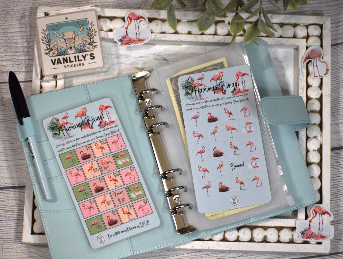 Flamingo Bingo Savings Challenge with Sticker Sheet | A6 Laminated Budget Binder Insert | Tropical Savings Tracker