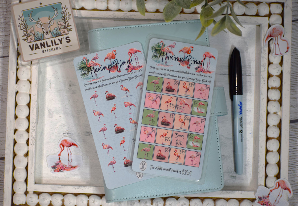 Flamingo Bingo Savings Challenge with Sticker Sheet | A6 Laminated Budget Binder Insert | Tropical Savings Tracker