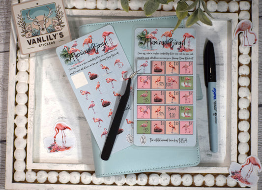 Flamingo Bingo Savings Challenge with Sticker Sheet | A6 Laminated Budget Binder Insert | Tropical Savings Tracker