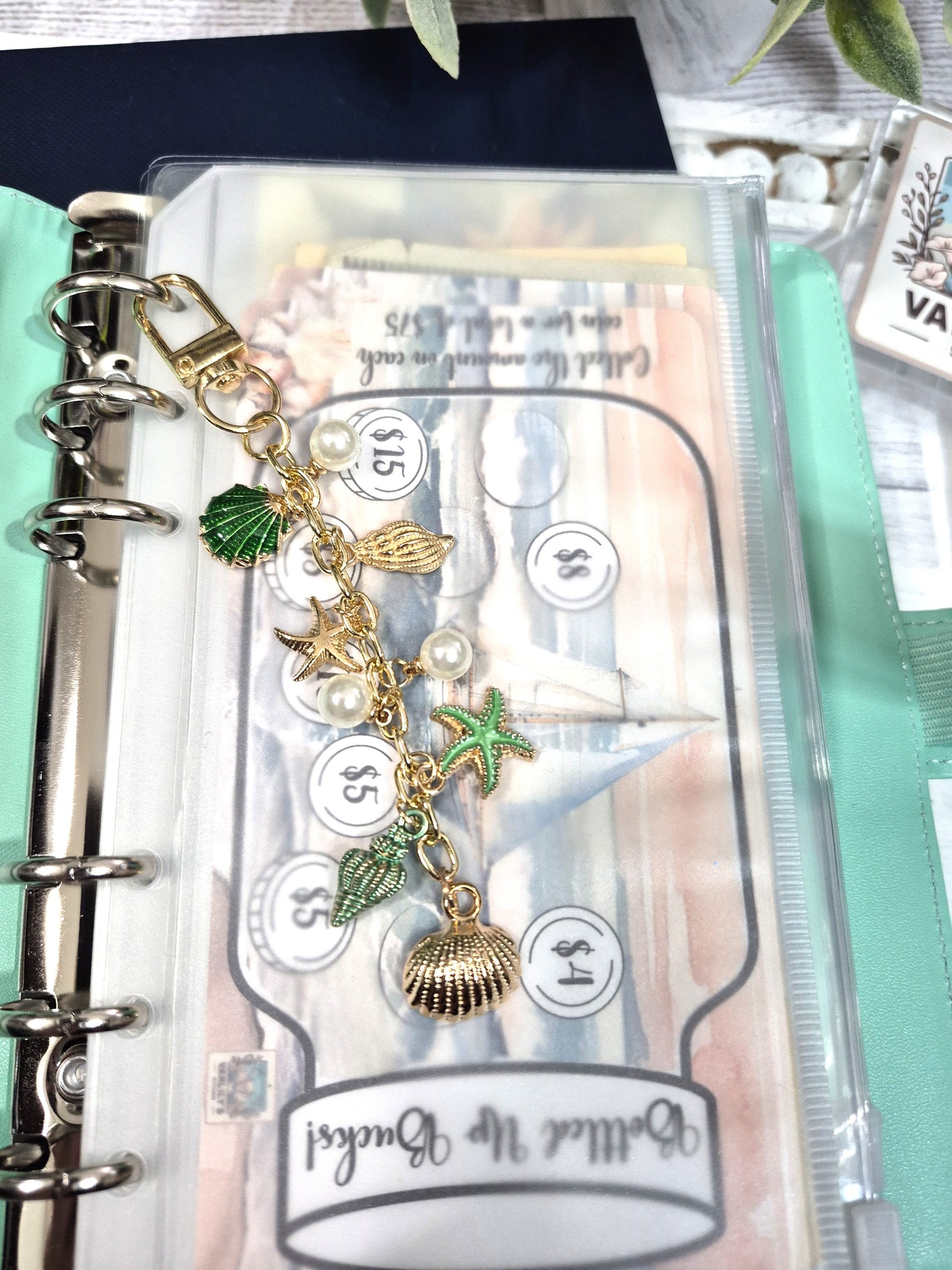 Coastal Green Seashell Planner Charm | Binder Charm | Travelers Notebook Charm | Dangle Charm | Purse, Bag Charm