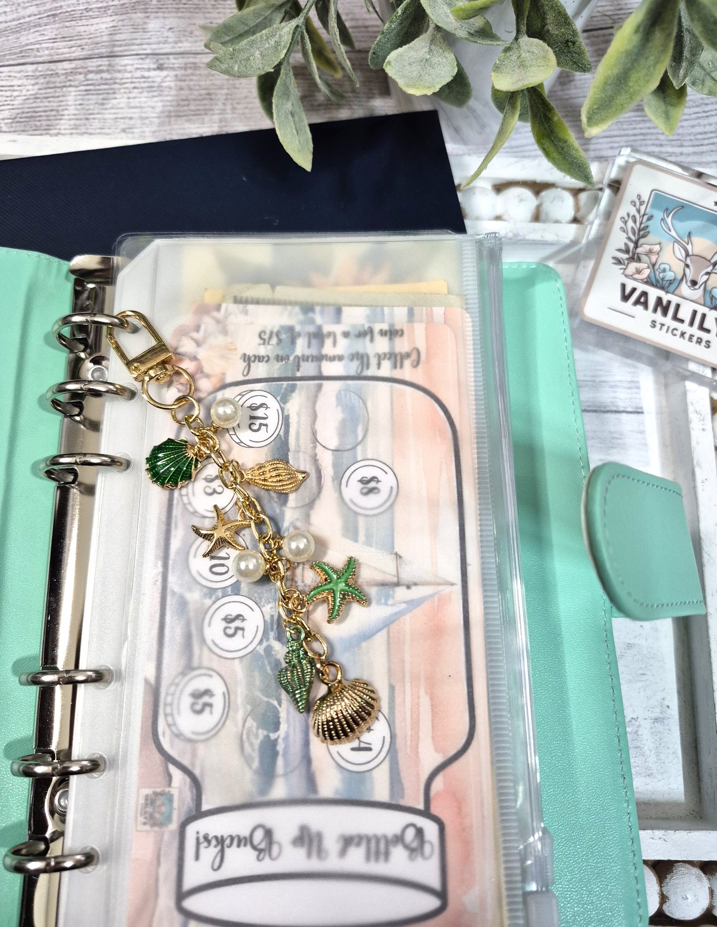 Coastal Green Seashell Planner Charm | Binder Charm | Travelers Notebook Charm | Dangle Charm | Purse, Bag Charm