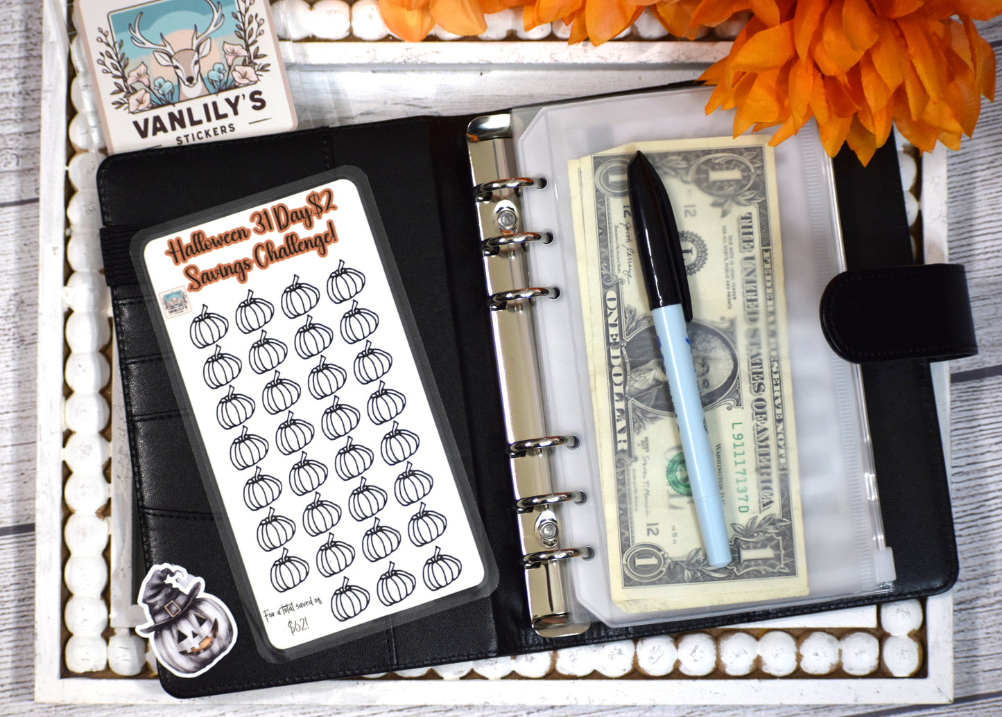 Halloween 31-Day Savings Challenge | A6 Laminated Budget Binder Insert | Cash Envelope Budgeting | Pumpkin Icon Savings Tracker
