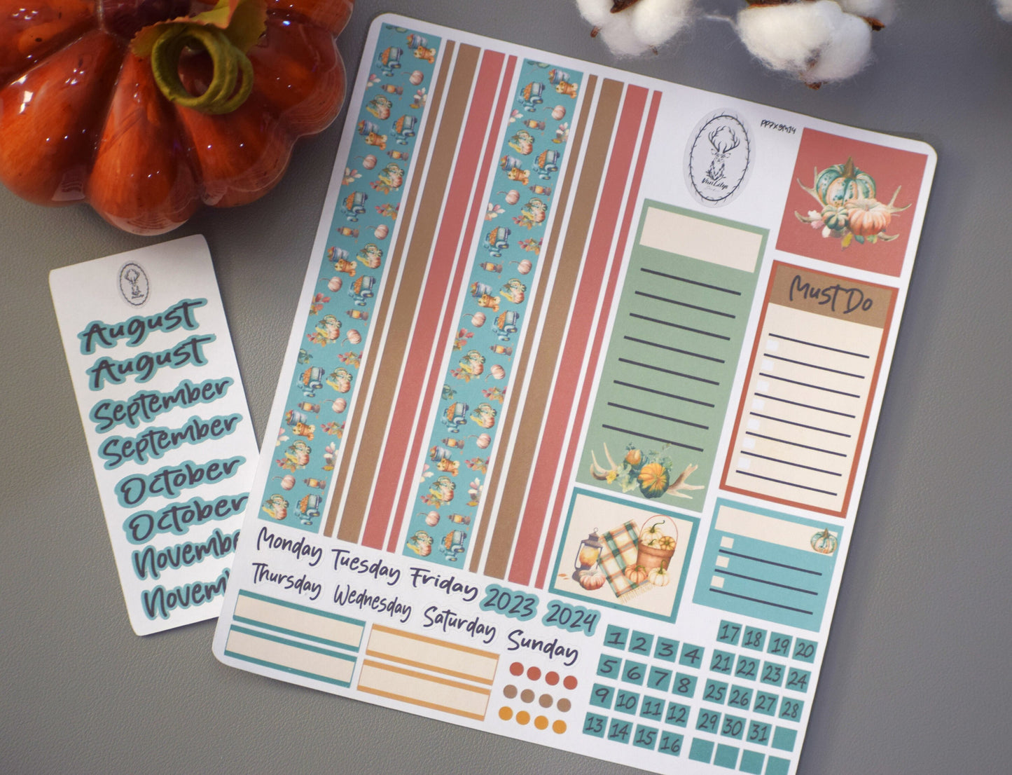 Plum Paper 7x9 Monthly Header Sheet Planner Stickers #14, Autumn Blue Truck
