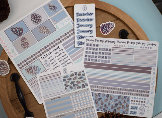 Plum Paper 7x9 Vertical Priorities Weekly Planner Sticker Kit #18, Winter of Pinecones