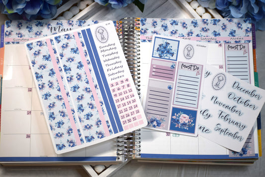 Monthly Header Sticker Sheet for Erin Condren /TBM Live Rich Planners, Blue Flower