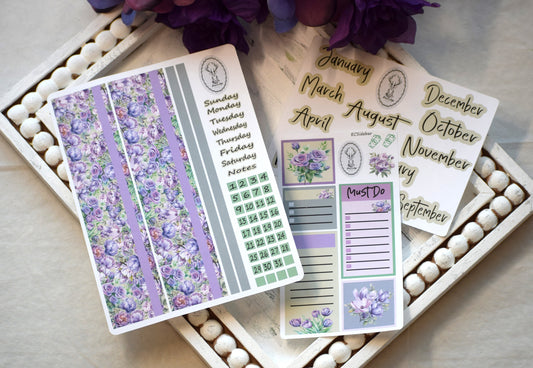 Monthly Header Planner Sticker Sheet for Erin Condren| TBM Live Rich Planners, Purple Blooms