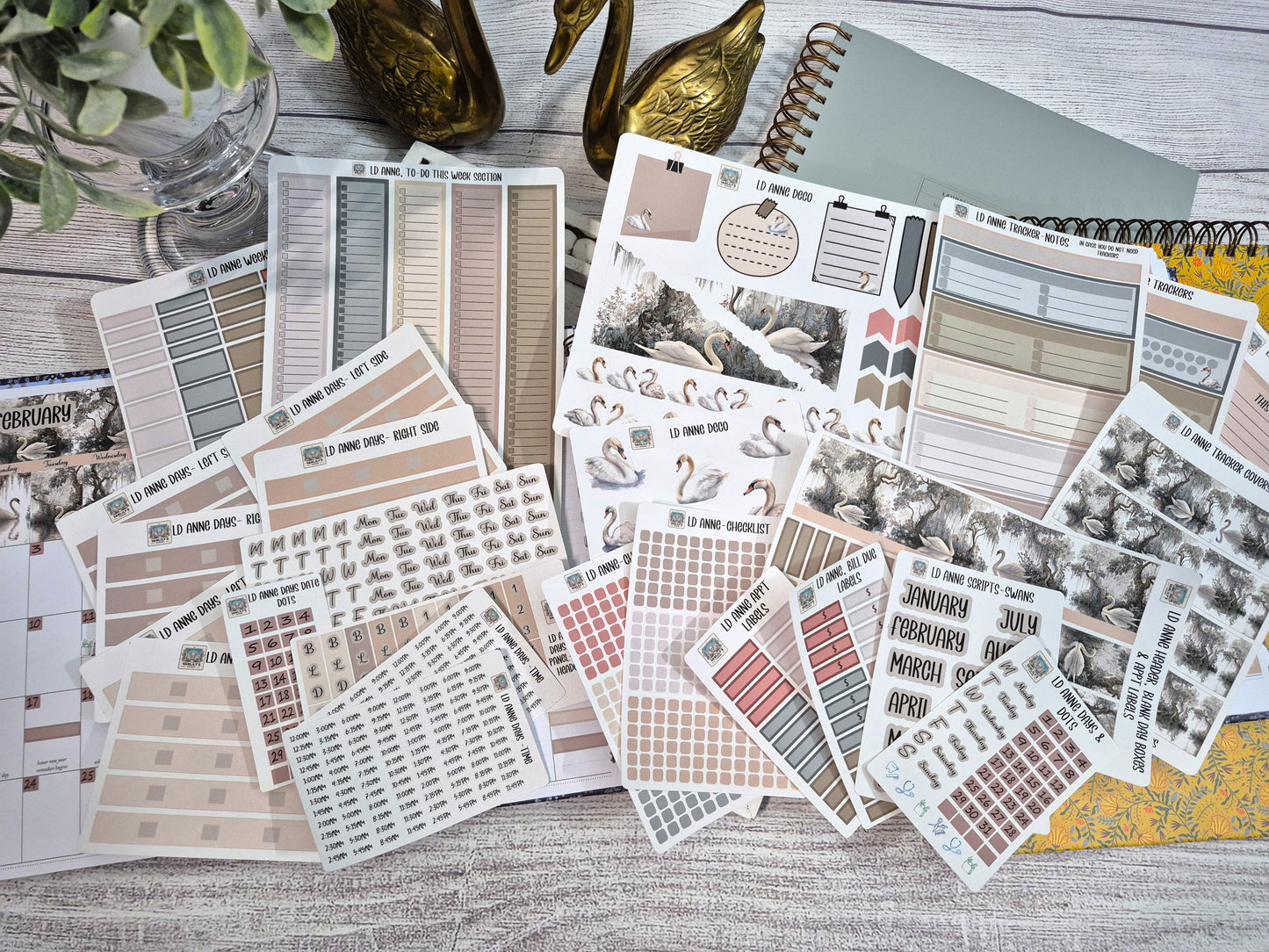 The Laurel Denise Lg Anne Planner, Enchanted Swans Planner Sticker Kit