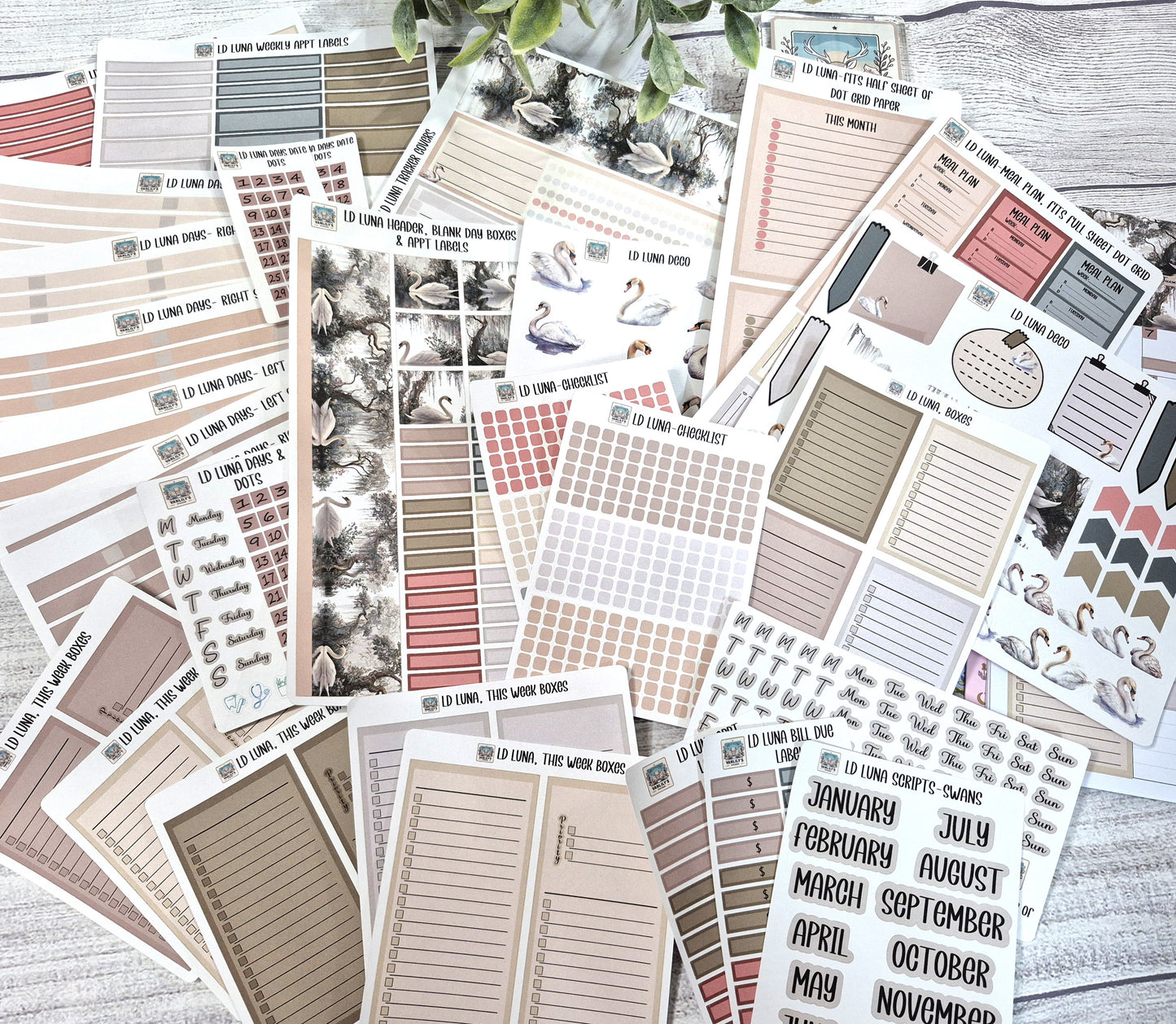 Laurel Denise Luna Planner Stickers, Enchanted Swans Planner Sticker Kit