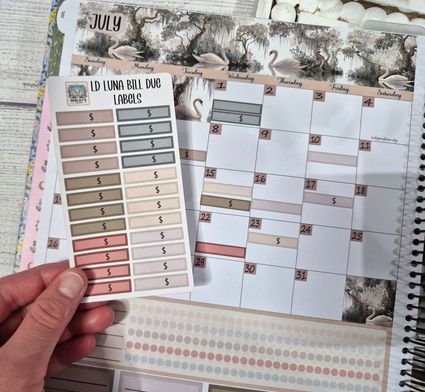 Laurel Denise Luna Planner Stickers, Enchanted Swans Planner Sticker Kit