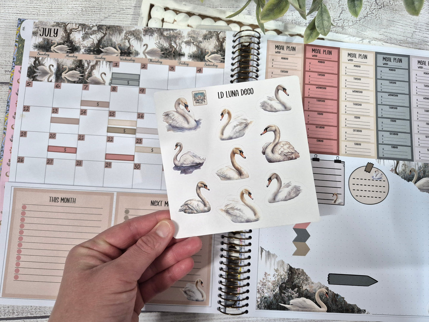 Laurel Denise Luna Planner Stickers, Enchanted Swans Planner Sticker Kit