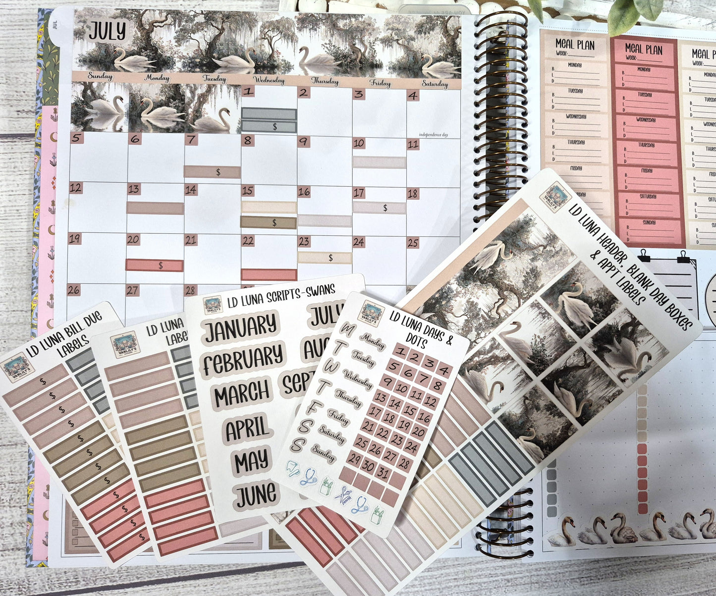 Laurel Denise Luna Planner Stickers, Enchanted Swans Planner Sticker Kit