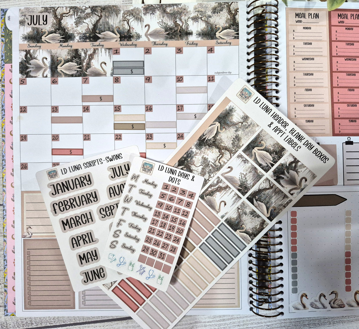 Laurel Denise Luna Planner Stickers, Enchanted Swans Planner Sticker Kit