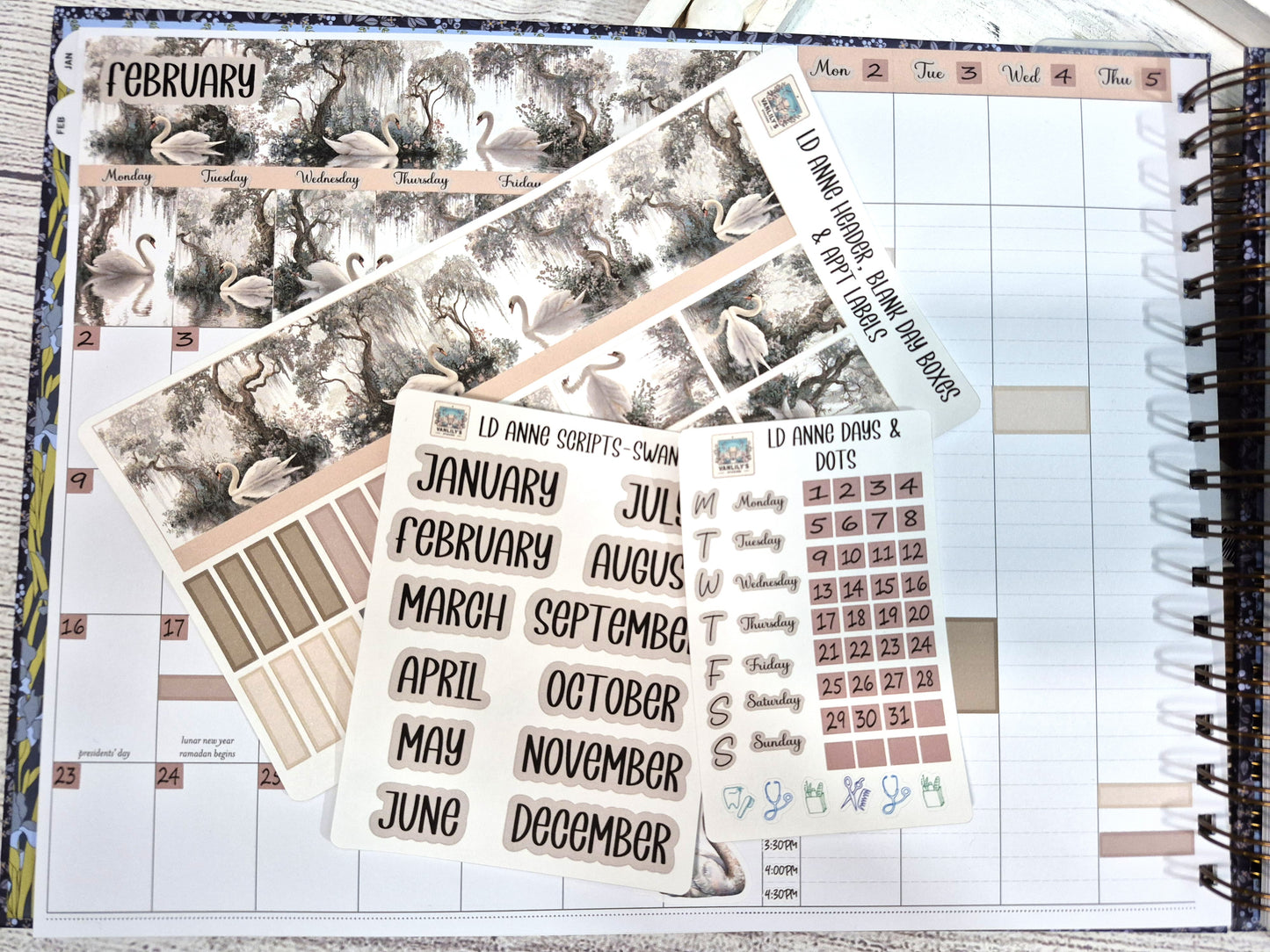 The Laurel Denise Lg Anne Planner, Enchanted Swans Planner Sticker Kit