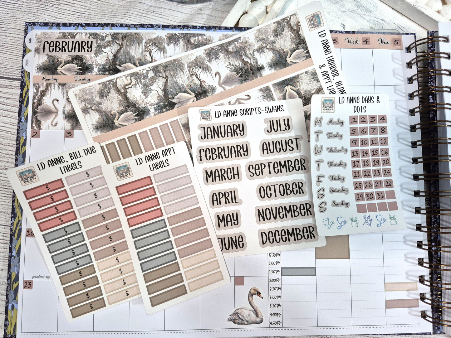 The Laurel Denise Lg Anne Planner, Enchanted Swans Planner Sticker Kit