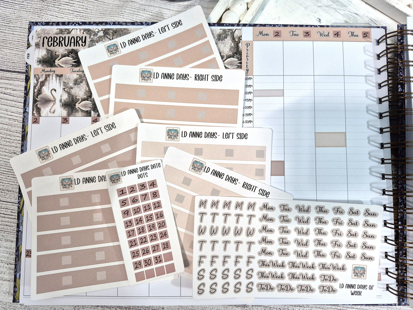 The Laurel Denise Lg Anne Planner, Enchanted Swans Planner Sticker Kit