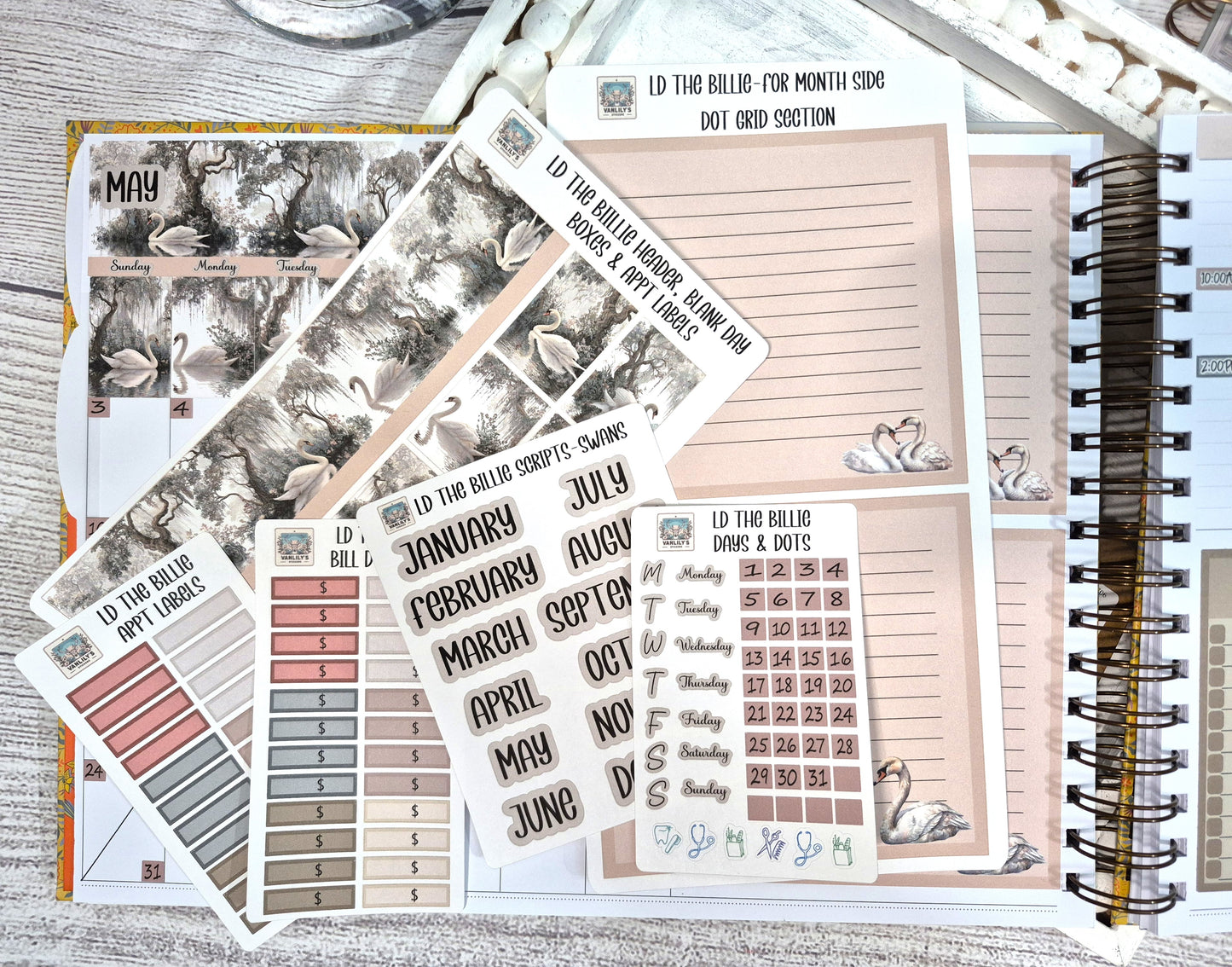 The Laurel Denise Billie Planner, Enchanted Swans Planner Sticker Kit