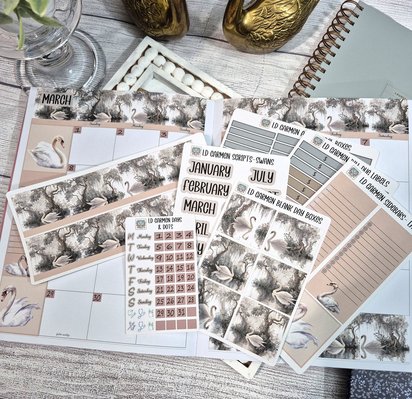 Laurel Denise Lg Carmen Planner Stickers, Enchanted Swans Planner Sticker Kit