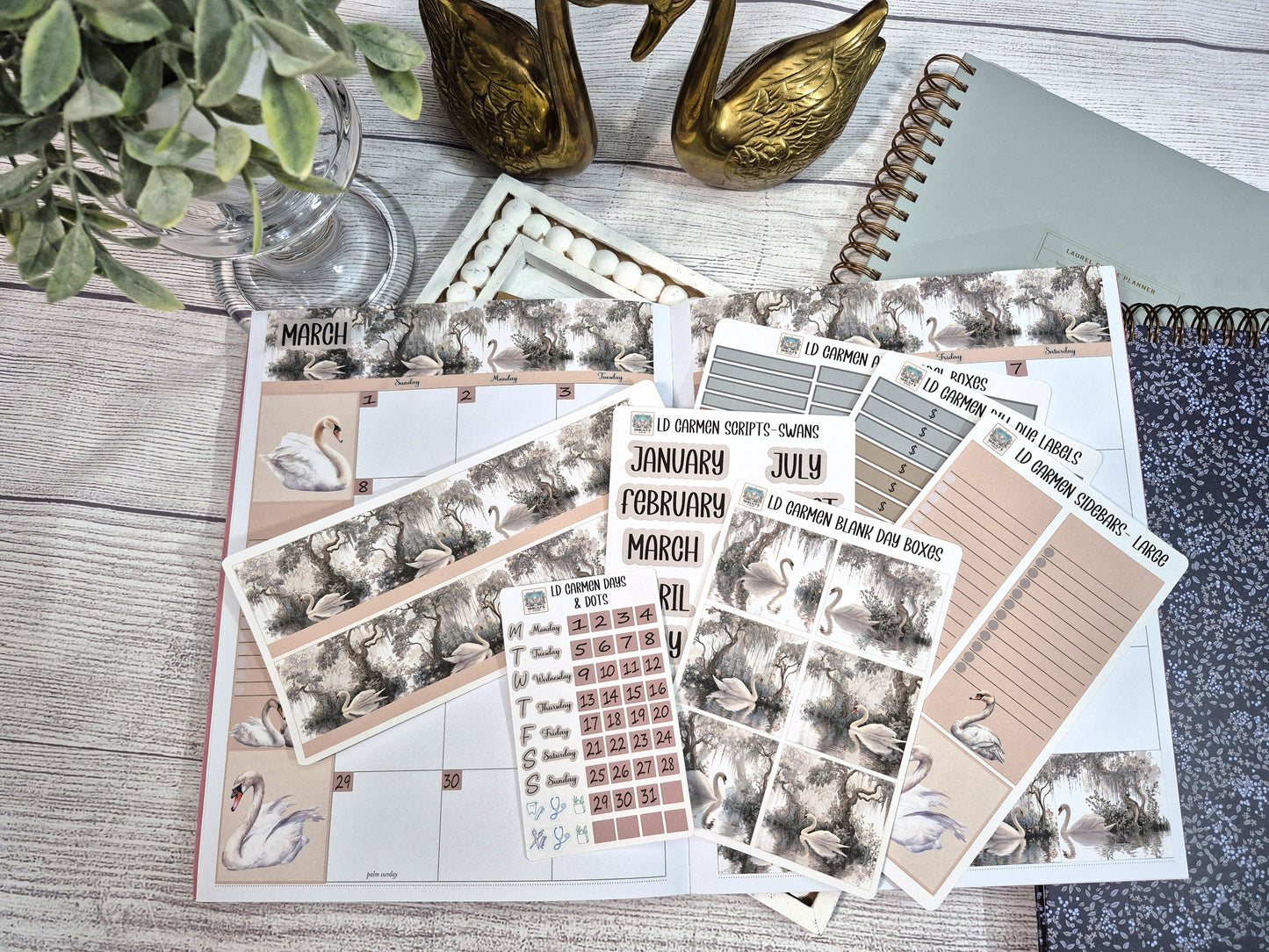 Laurel Denise Lg Carmen Planner Stickers, Enchanted Swans Planner Sticker Kit