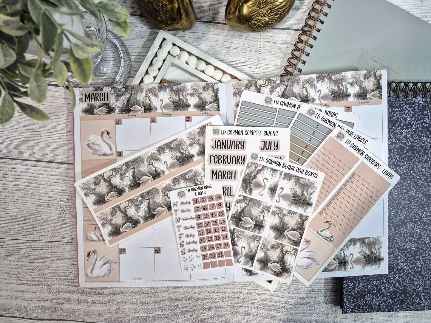 Laurel Denise Lg Carmen Planner Stickers, Enchanted Swans Planner Sticker Kit
