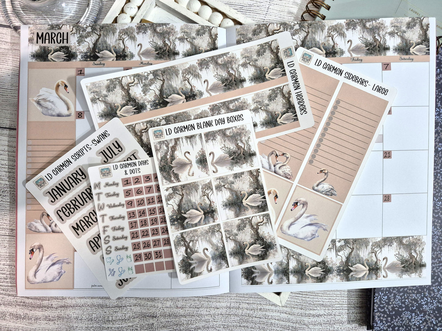 Laurel Denise Lg Carmen Planner Stickers, Enchanted Swans Planner Sticker Kit