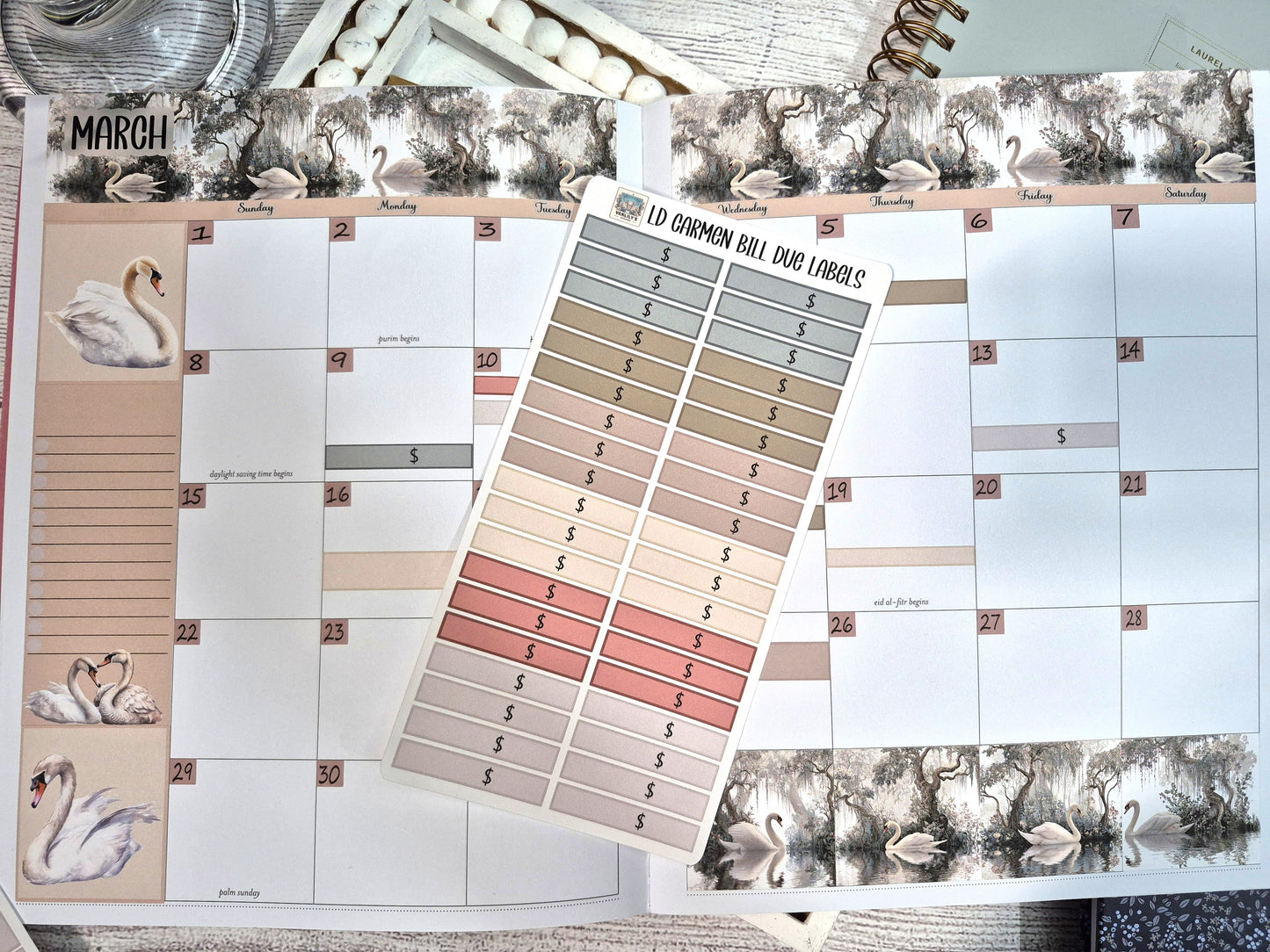Laurel Denise Lg Carmen Planner Stickers, Enchanted Swans Planner Sticker Kit