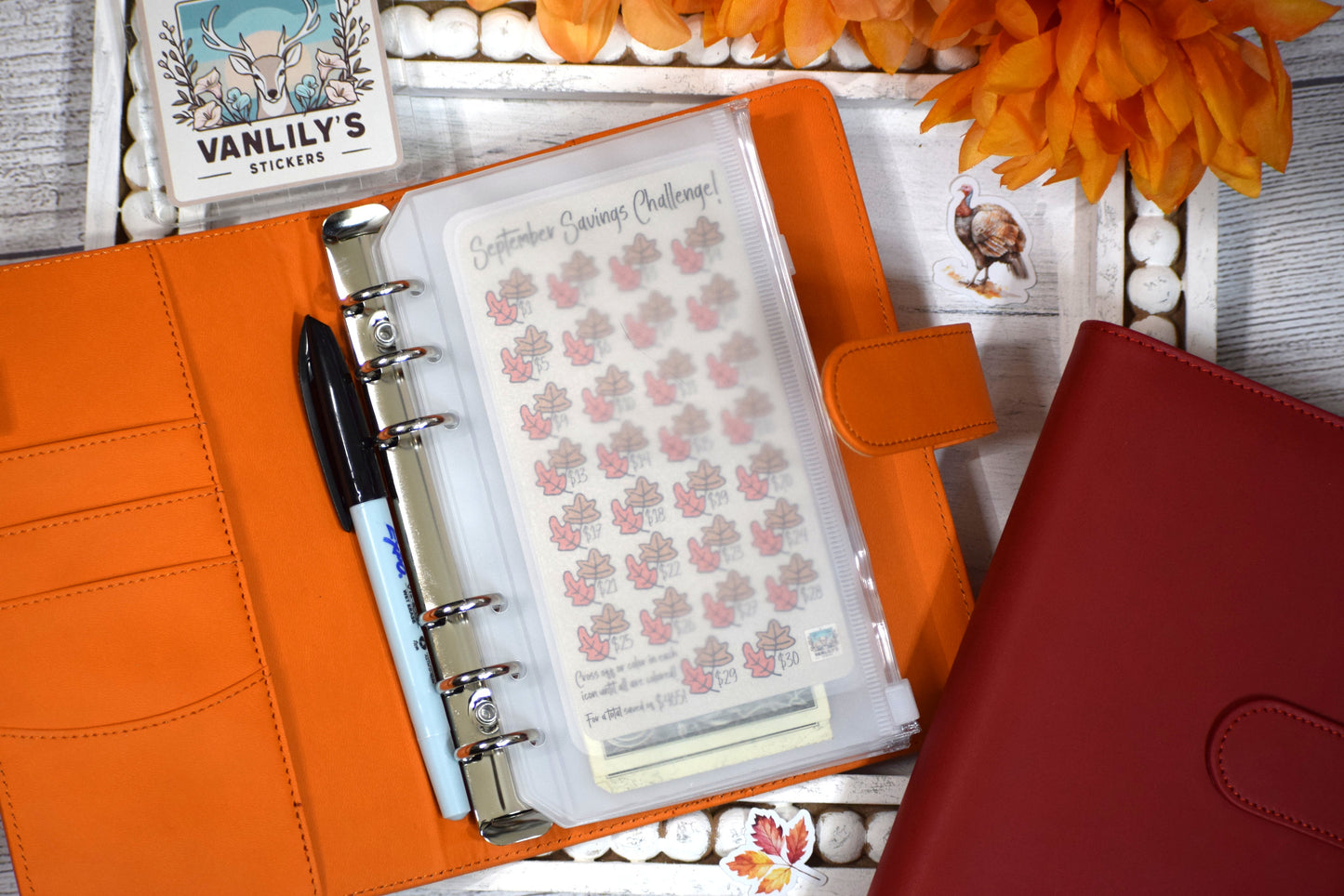September Savings Challenge | A6 Laminated Budget Binder Insert | Cash Envelope Budgeting | Fall Leaf Savings Tracker