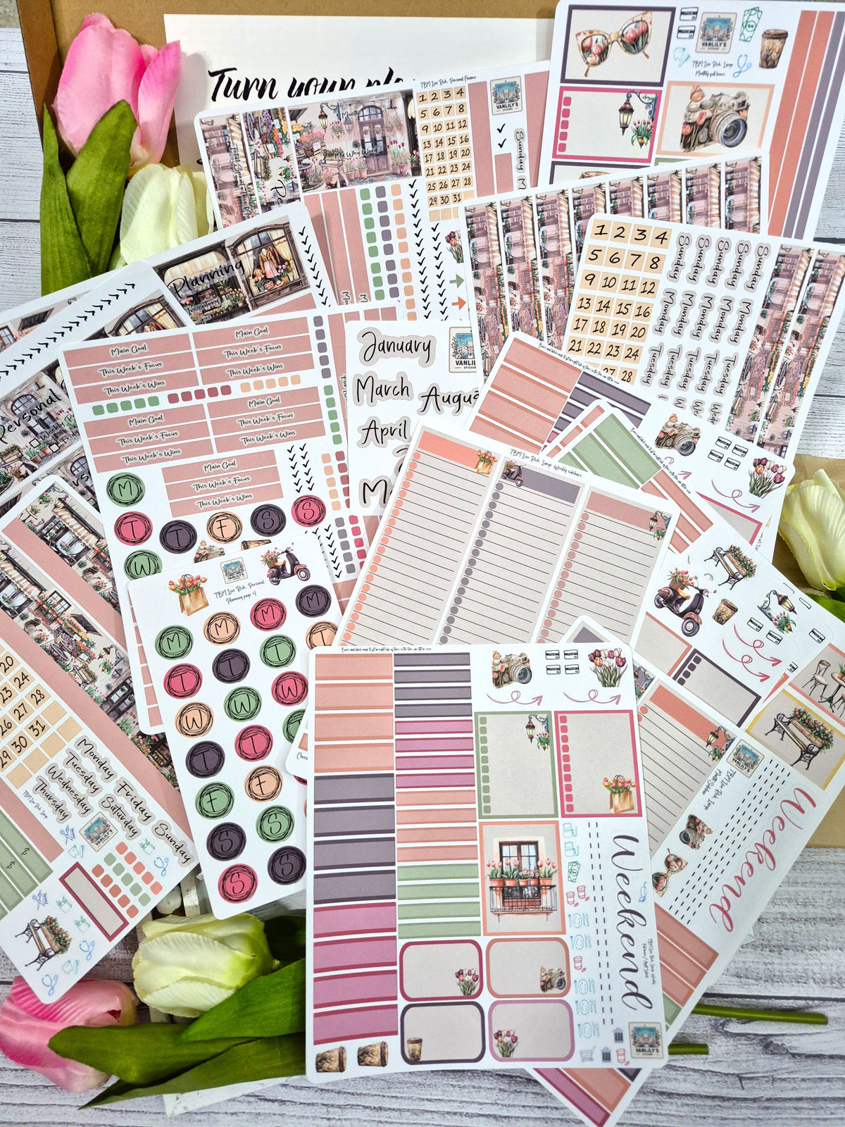 Spring in the City sticker kit for the Live Rich Planner, February 2026 box with April layouts