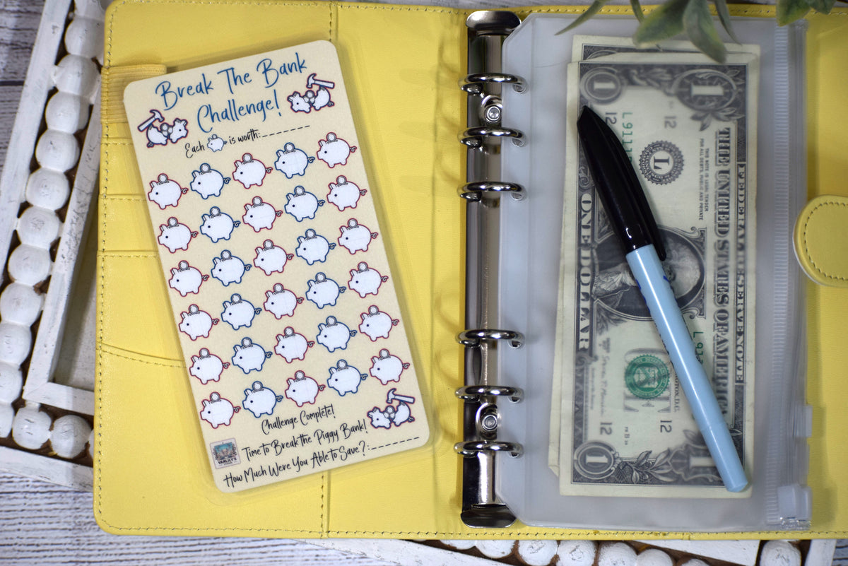 Break the Bank Savings Challenge | A6 Laminated Budget Binder Insert | Cash Envelope Binder Insert | Piggy Bank Savings Tracker