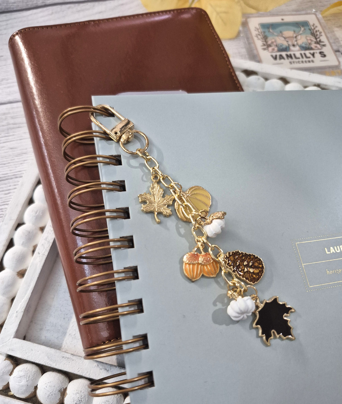Neutral Fall White Pumpkins & Pinecones Planner Charm | Binder Charm | Travelers Notebook Charm | Dangle Charm | Purse, Bag Charm