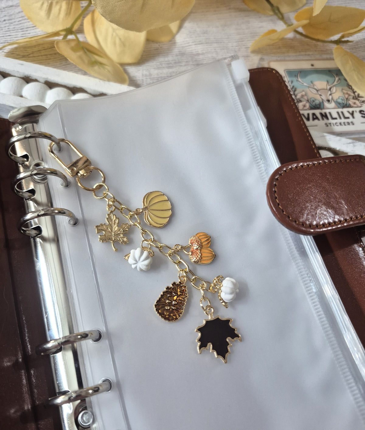 Neutral Fall White Pumpkins & Pinecones Planner Charm | Binder Charm | Travelers Notebook Charm | Dangle Charm | Purse, Bag Charm