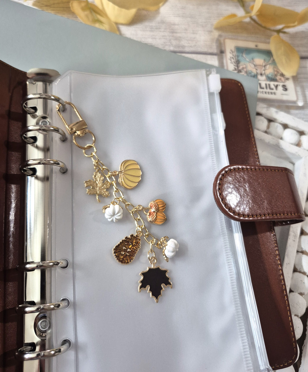 Neutral Fall White Pumpkins & Pinecones Planner Charm | Binder Charm | Travelers Notebook Charm | Dangle Charm | Purse, Bag Charm