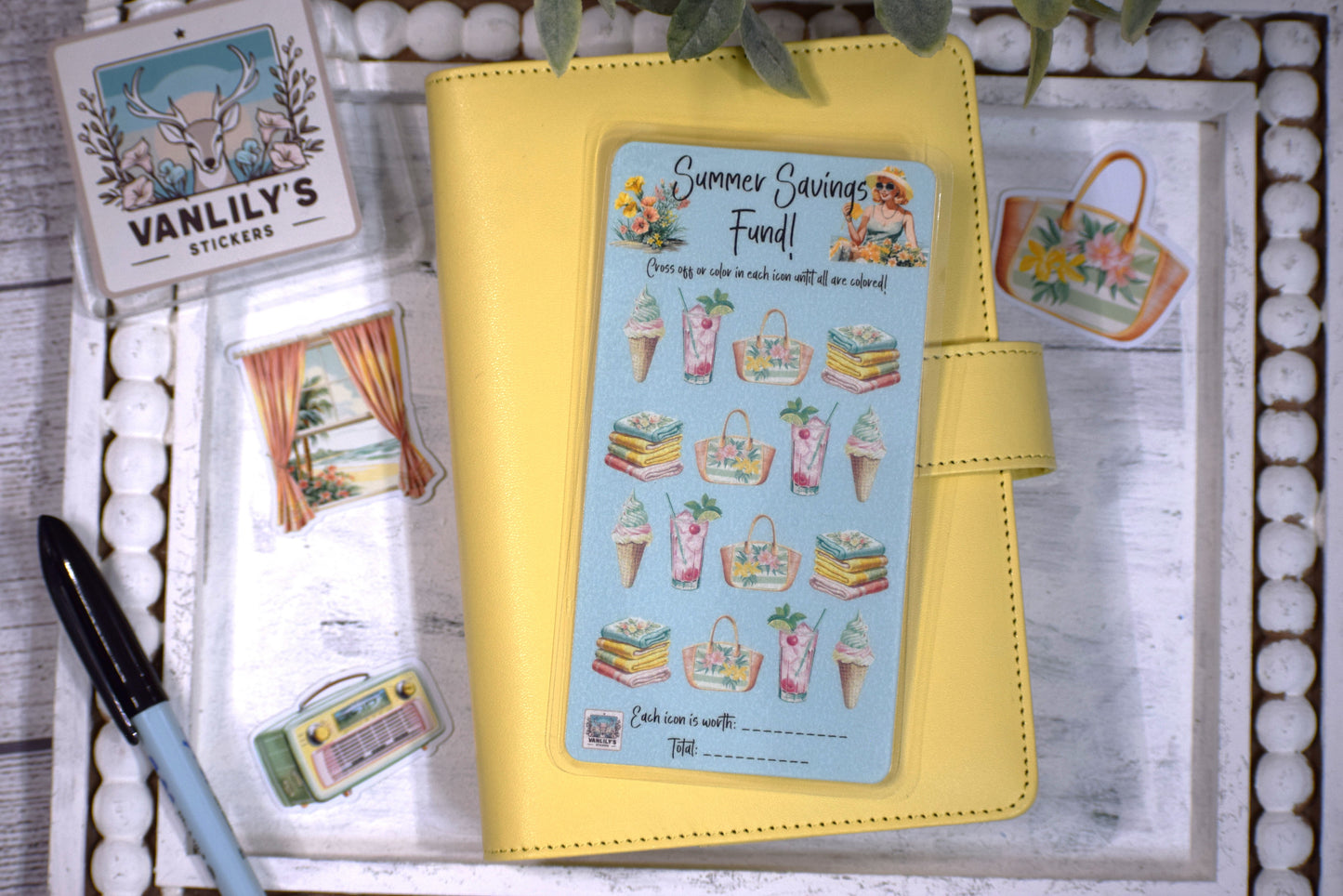 Vintage Summer Savings Fund Challenge | A6 Laminated Budget Binder Insert | Cash Envelope Budgeting | Beach Savings Tracker