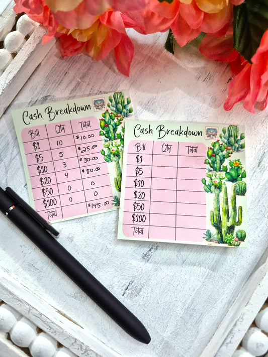 Cash Breakdown Teller Slips Notepad, Cactus Theme