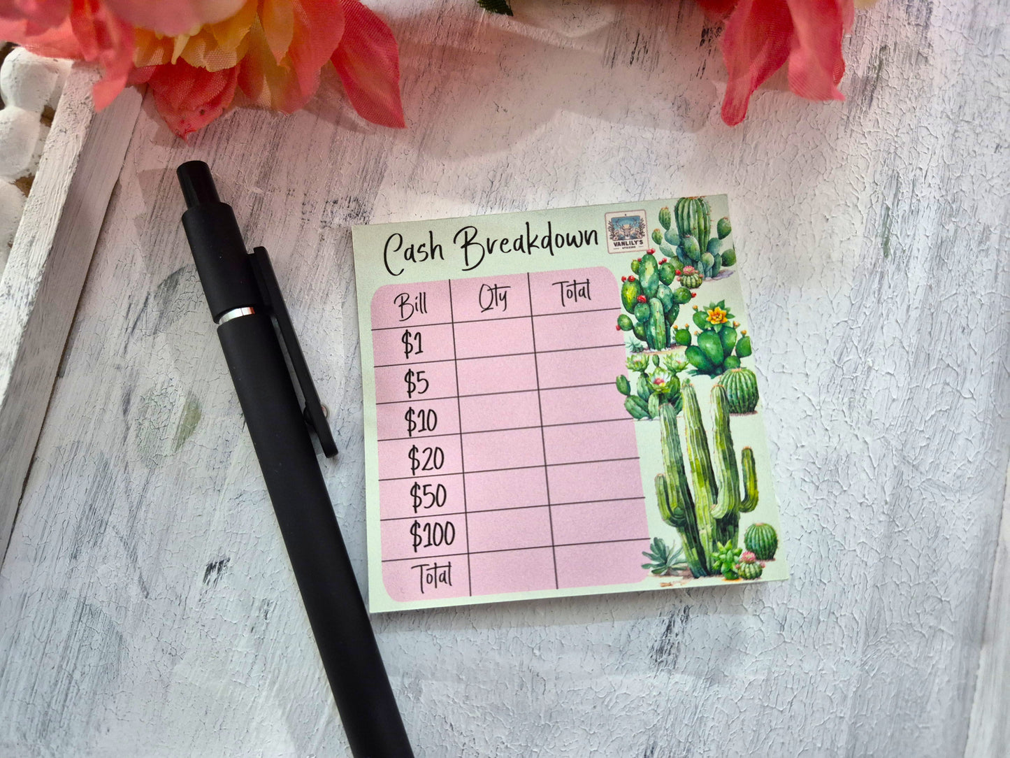 Cash Breakdown Teller Slips Notepad, Cactus Theme