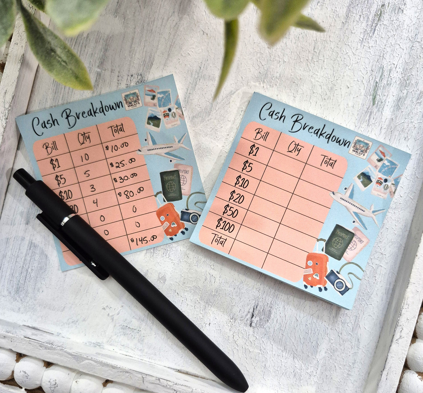 Cash Breakdown Teller Slips Notepad, Travel Theme