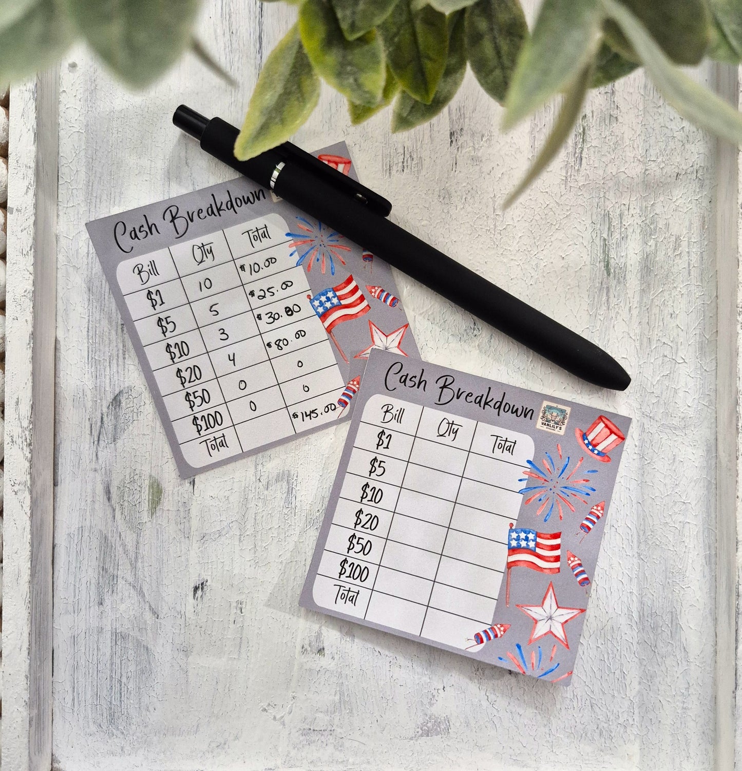 Cash Breakdown Teller Slips Notepad, Red, White and Blue Theme