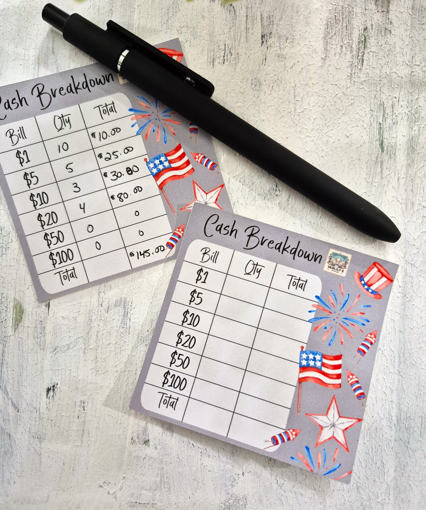 Cash Breakdown Teller Slips Notepad, Red, White and Blue Theme