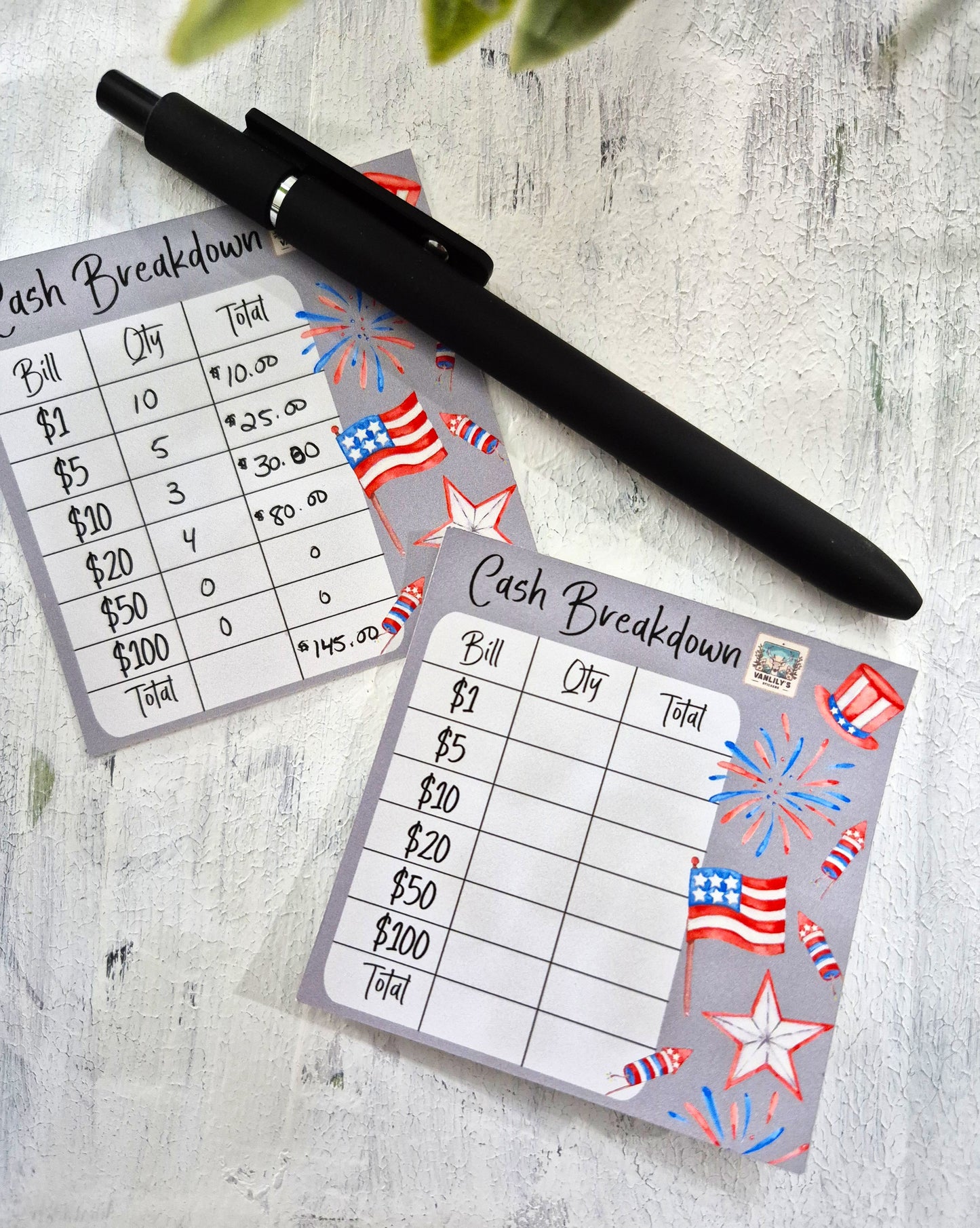 Cash Breakdown Teller Slips Notepad, Red, White and Blue Theme