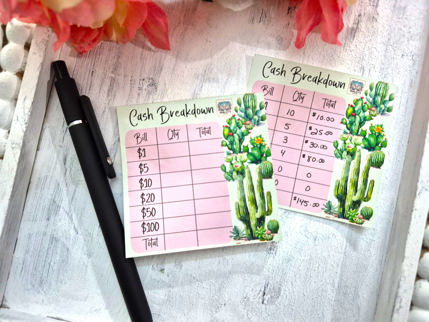Cash Breakdown Teller Slips Notepad, Cactus Theme