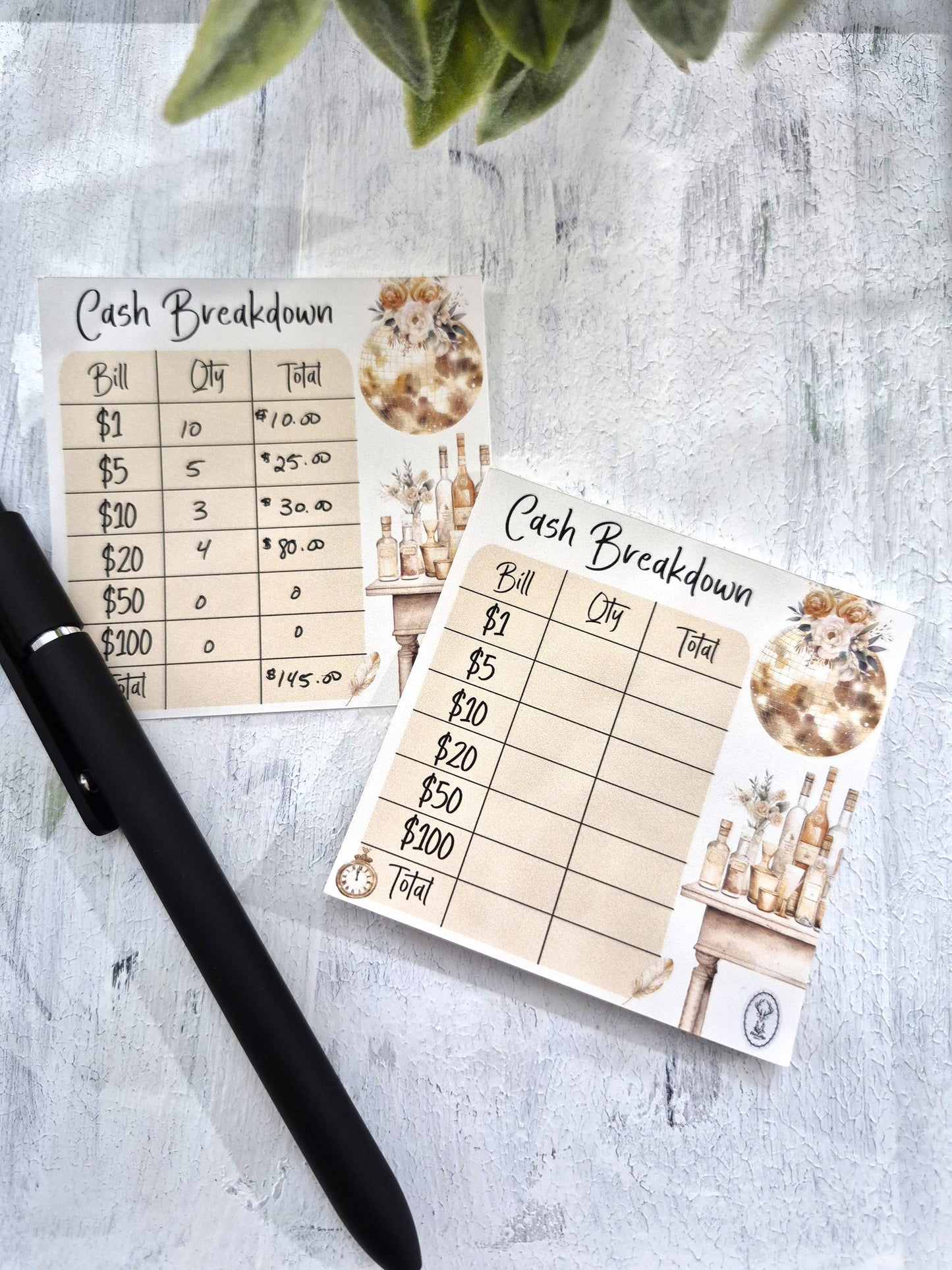 Cash Breakdown Teller Slips Notepad, New Year's Theme