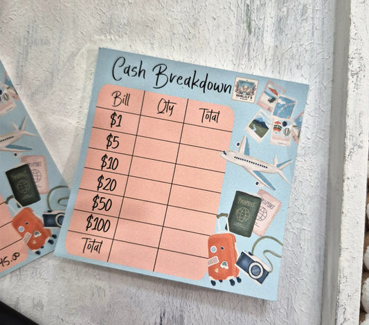 Cash Breakdown Teller Slips Notepad, Travel Theme