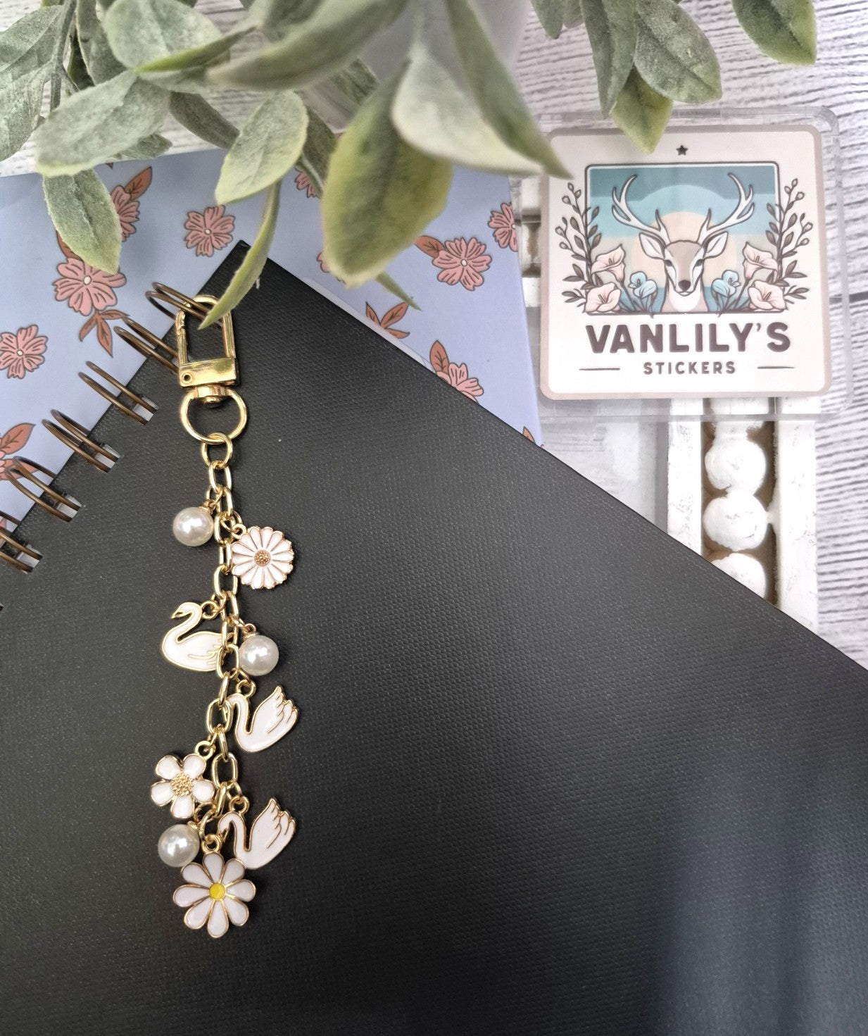 Swan & White Planner Charm | Binder Charm | Travelers Notebook Charm | Dangle Charm | Purse, Bag Charm